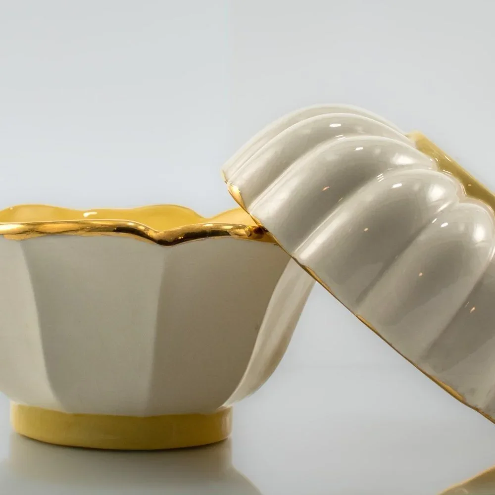 Vintage Porcelain Bowls | Bright Yellow and White with Gold Trim | Set of Bowls - Picture 1 of 6